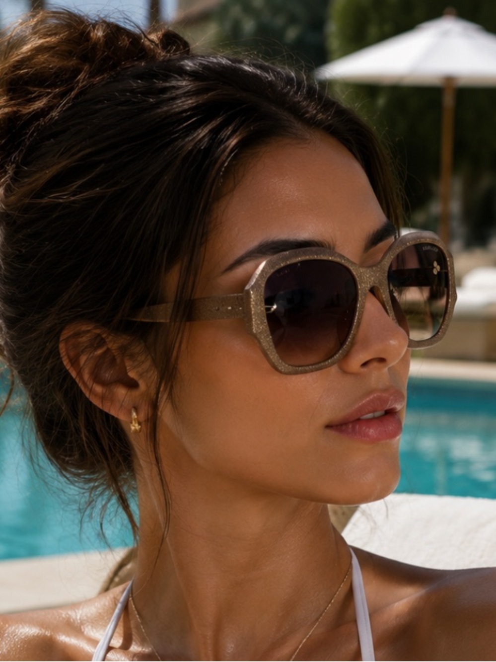 Marciano Glitter Gold Oversized Sunglasses with Purple Gradient Lenses